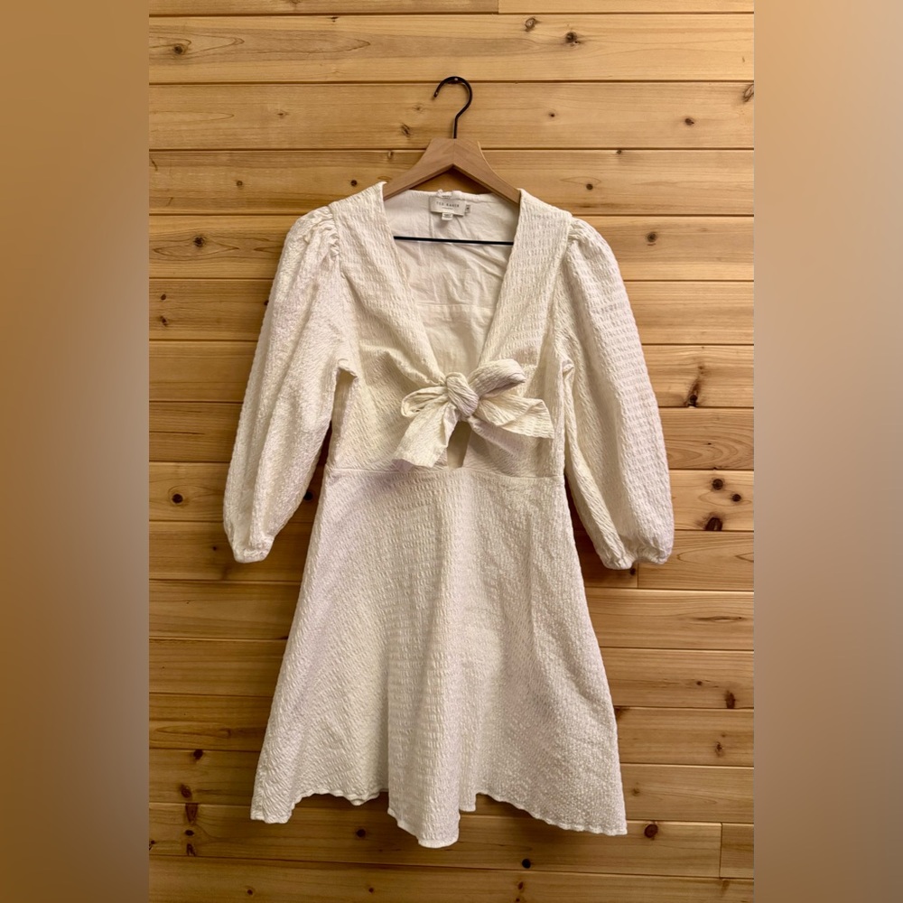 Ted Baker Cream Textured Mini Dress with Front Bow